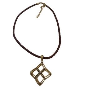 Lia Sophia Leather Braided Necklace Dangle Gold Tone Pendant 15"-18"